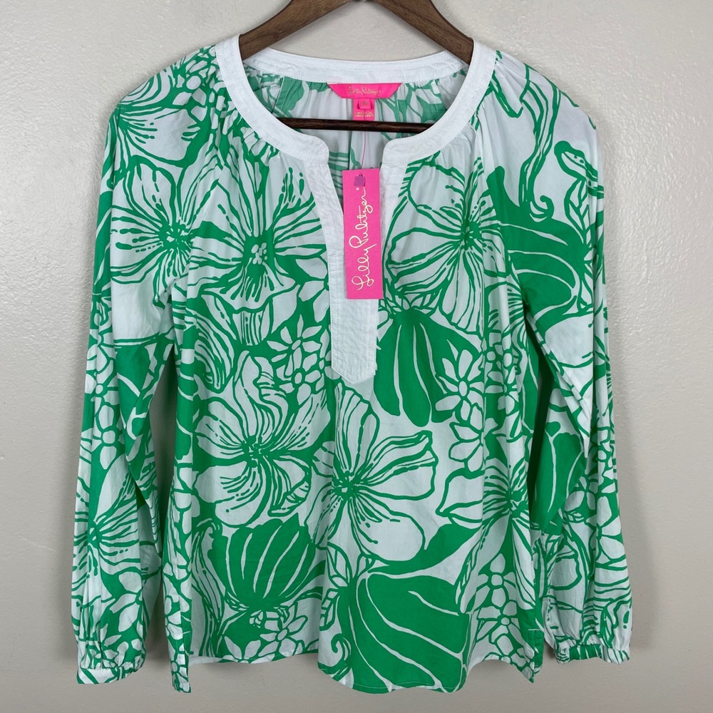 Lilly Pulitzer Women's XS Camryn Tunic Green White Floral Cotton Top 013509 NEW